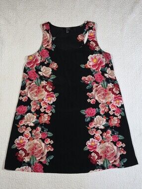 Forever 21 Black Floral Print Sleeveless Shift Dress with Pink and Red Roses